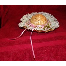 TOY 6.5 INCH DOLL WITH LIGHT GREEN LACE AND PINK HAT BAND AND RIBBON STRAW HAT