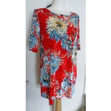 Kim & Co Printed Velvet Elbow Sleeve Tunic Top Red Multi XS