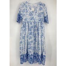 Maldila V-Neck Bohemian Maxi Dress Blue White Floral NWT Size Small Fit Flare