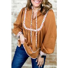 Straw Yellow Split Neck Pleated Floral Trim Long Puff Sleeve Blouse