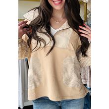 Smoke Gray Quarter Zip Striped Patchwork Drop Shoulder Loose Long Sleeve Top