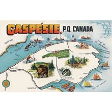 Gaspesie Quebec Map incl Fishing Boats Deer Canada Postcard