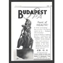 THOMAS COOK & SON Budapest Spa Holiday :- pre-war Original Vintage 1939 Advert