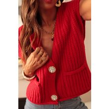 Fiery Red Solid Textured Knit Side Pockets Buttoned Sweater Vest