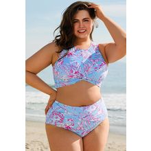 Sky Blue Plus Size Floral Print Twisted High Waist Bikini Set