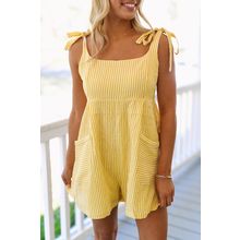 Yellow Stripe Shoulder Tie Smocked Back Wide Leg Casual Romper