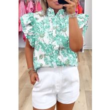 Green Floral Print Ruffle Sleeve Frilly Button Up Shirt