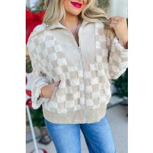 Khaki Checker Sherpa Corduroy Patchwork Zip up Collared Jacket