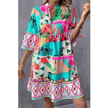 Multicolour Abstract Printed Half Sleeve Notched Neck Mini Dress