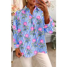 Blue Striped Floral Print Buttoned Cuffs Loose Fit Shirt