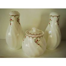 Vintage Wedgwood Pink Garland Pattern Porcelain Salt Pepper & Mustard Cruet Set
