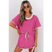 Rose Red Colorblock Edge Drop Shoulder T Shirt and Skort 2Pcs Set