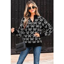 Black Cute Bow Pattern Drop Shoulder Zipped Collar Sweater