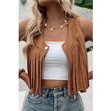Camel Fringed Snap Button Front Suedette Vest