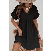 Black Folded Short Sleeve Lace V Neck Mini Dress