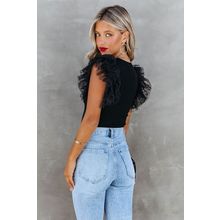 Black Dotty Mesh Ruffle Sleeve Ribbed Knit Top