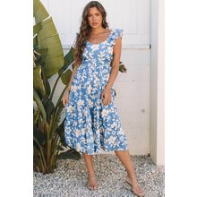 Sky Blue Floral U Neck Flutter Shoulder Tiered Flowy Midi Dress