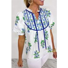 Beige Floral Print Piping Trim Tie Neck Short Sleeve Blouse