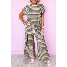Black Stripe Rainbow Tee Tasseled String Wide Leg Pants Set