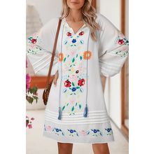 White Floral Print Boho Tassel Tie Split Neck Tucking Detail Puff Sleeve Mini Dr