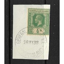 GILBERT & ELLICE ISLANDS GV 1/2d ON PIECE CANCELLED 1938