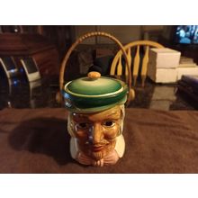 Old Vintage Cookie Jar Colonial Head Jar W/Basket Handle 7" Tall 1950s