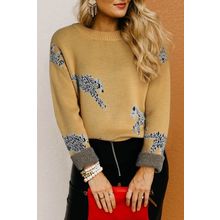 Camel Fuzzy Cheetah Accent Round Neck Sweater