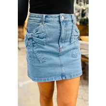 Dusk Blue Acid Wash Bowknot Details High Waist Denim Skirt