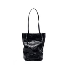 Women Cowhide Bucket Bag Large Capacity Retro Shoulder Bag Black