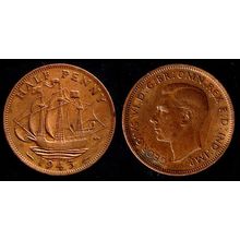 United Kingdom Half Penny 1943 Used Coin 1/2d Ship UK Geo VI