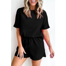 Black Casual Textured Tee and Drawstring Shorts Set