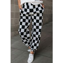 Black Checkerboard Elastic Waist Pocketed Joggers
