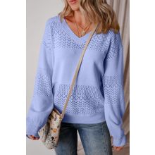 Sky Blue Eyelet Pattern Detail V Neck Drop Shoulder Sweater