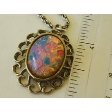 Vintage Necklace Dragon's Breath Fire Opal Art Glass Cabochon Foil Stone Pendant