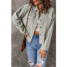 Sky Blue Raw Hem Flap Pockets Cropped Corduroy Jacket