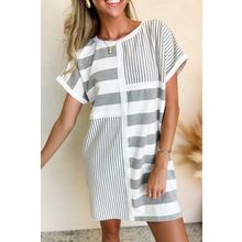 Gray Stripe Mixed Printed Short Sleeve Shift Mini T Shirt Dress