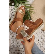 Gold Braided Dual Band PU Leather Wedge Slippers