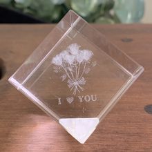 3D Laser Etched Rose Bouquet Clear Crystal Glass Cube Paperweight I LOVE YOU 1.5
