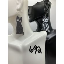 Halloween Earrings Skull Cat Design Dangle Earrings Black & Skeleton #692