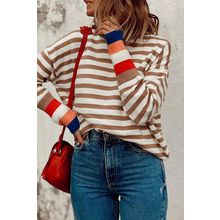Brown Stripe Colorblock Bishop Sleeve Turtleneck Sweater