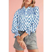 Sky Blue Boho Floral Printed Lantern Sleeve Frilled Neck Shirred Shirt
