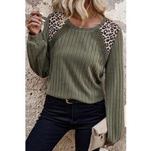Moss Green Leopard Print Crochet Patchwork Rib Textured Knit Top