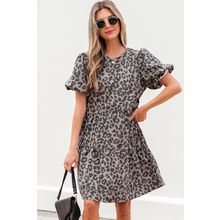 Brown Denim Leopard Printed Short Puff Sleeve Mini Dress