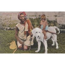 Indian Monkey Riding A Dog & His Trainer Antique Postcard