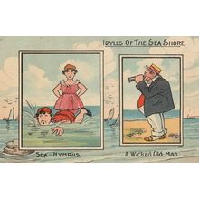 Beach Peeping Tom Binoculars Dirty Old Man Sea Nymph Antique Comic Postcard