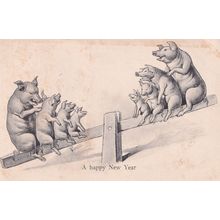 Pigs On See Saw Happy New Year Antique Postcard