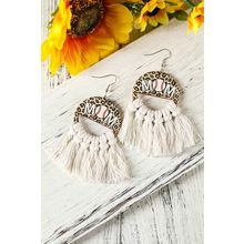 White Leopard Rugby MOM Print Fringed Hook Earrings