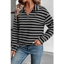 Black Stripe Textured Quarter Zip Collar Long Sleeve Top