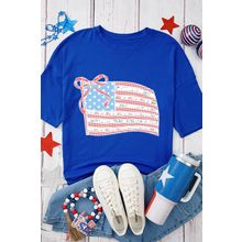 Dark Blue Bowknot Floral American Flag Print Side Slit 4th July T Shirt
