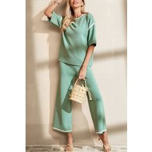 Canton Contrast Trim Half Sleeve Top Drawstring Pants Loose 2pcs Sweater Suit